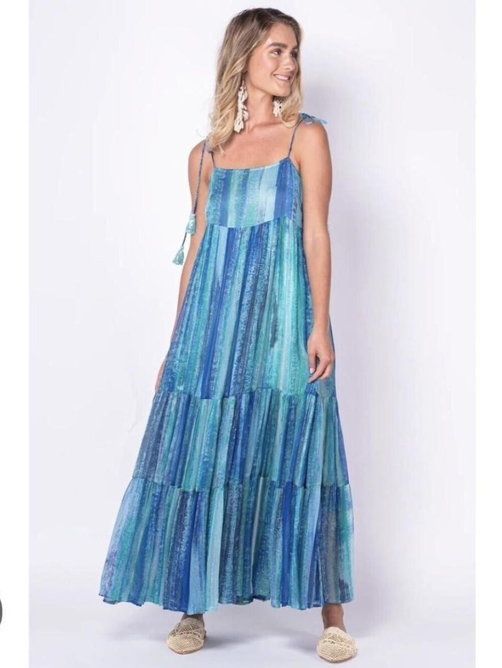 Z&L Europe Athena Aqua Blue Tiered Maxi Tassel Dress Metallic Coastal Boho Beach